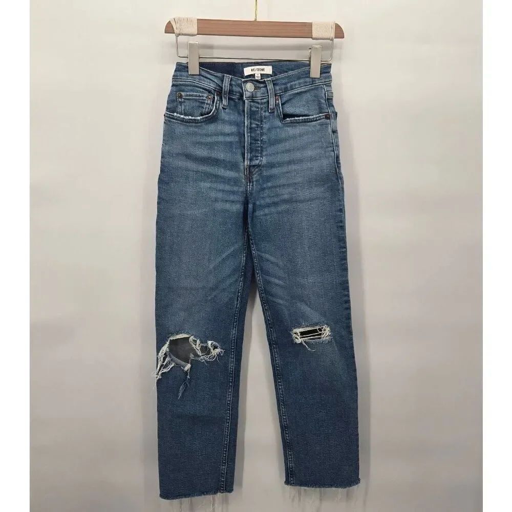 RE/DONE Straight Leg Jeans Size 24 Medium Wash Denim Distressed